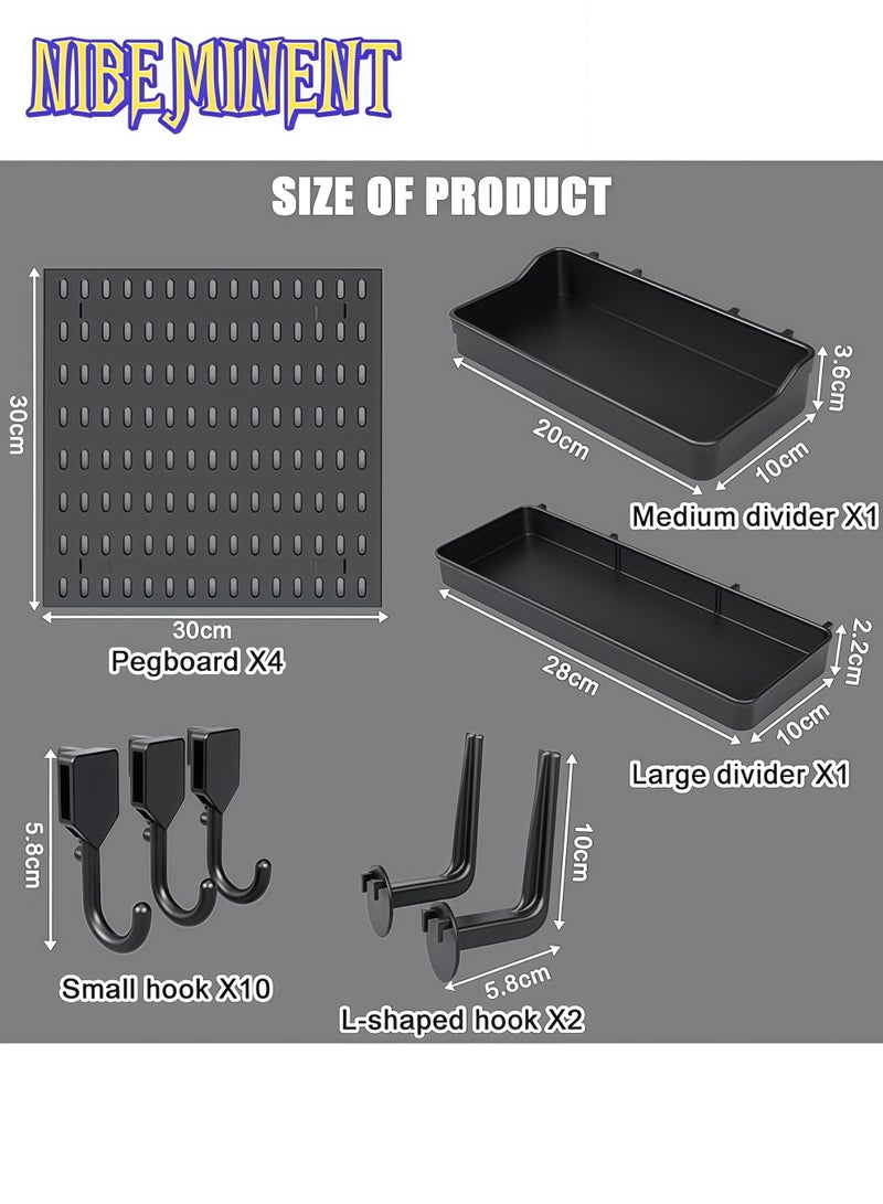 NIBEMINENT Pegboard Combination Kit, Wall Mount Display Pegboard Panel Kit for Live Room Gaming Room, Craft Room, Work place, Durable Plastic Wall Organizer Kit, Peg Boards Organizer, 4 x 30*30cm, Black - Image 3